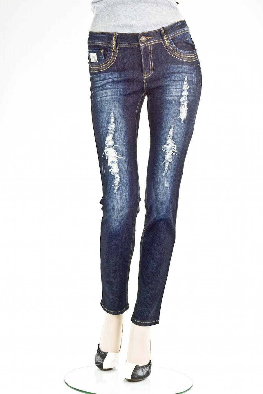Женские джинсы VO Jeans LA винтажные "Скини" Distress Detailing skinny jeans d. blue интернет-магазин Fashion Jeans